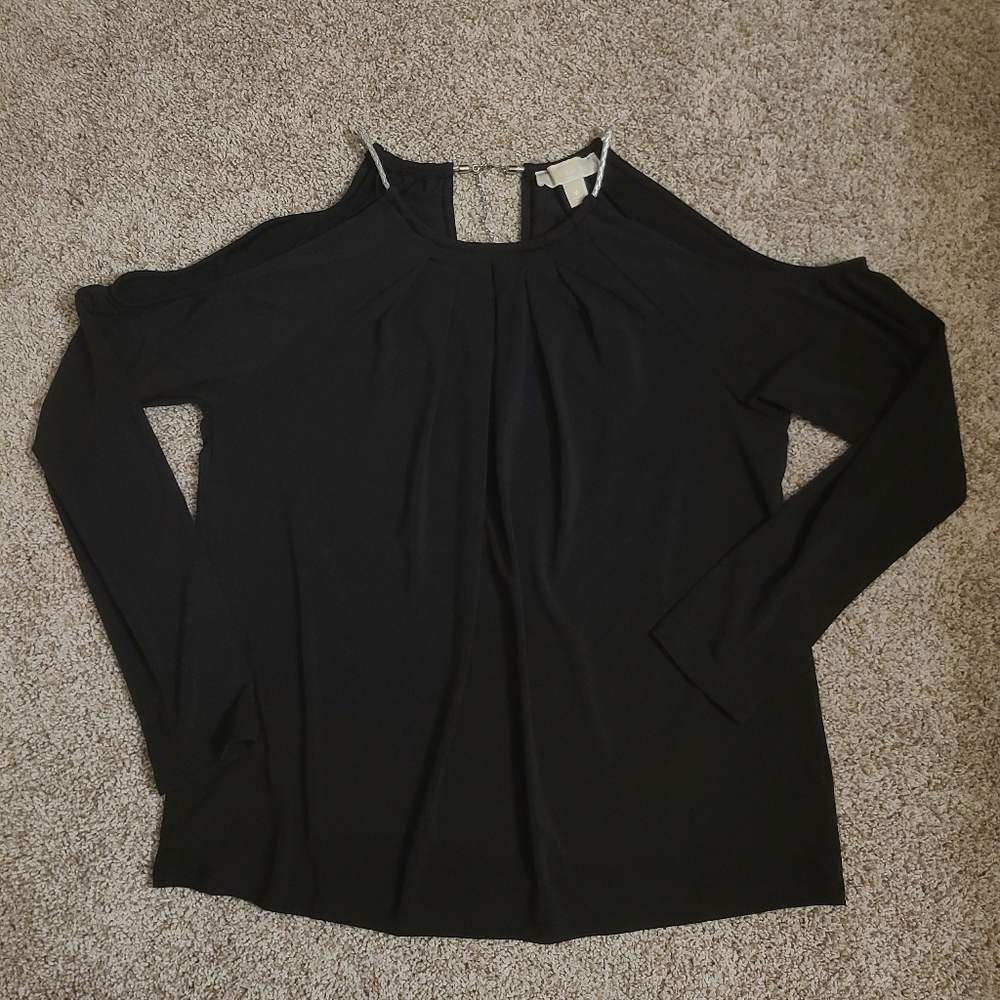 Michael Kors Cold Shoulder Black Blouse Keyhole Chain Closure